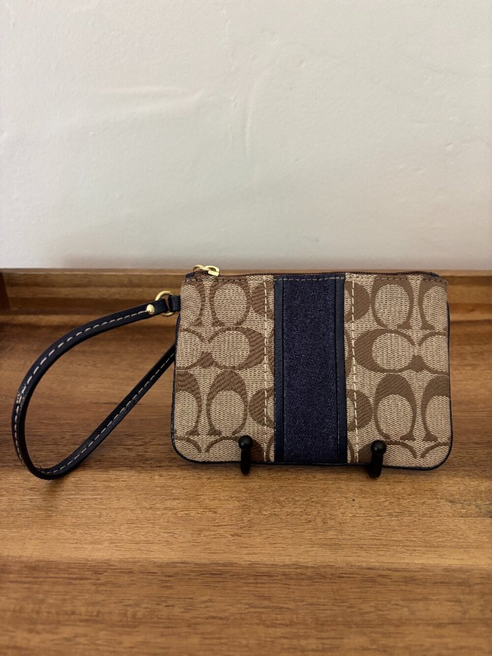 Coach Signature Khaki Navy Blue Stripe Wristlet